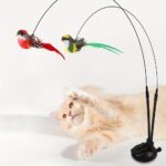 Double Pole Cat Toy Handmade Bird & Feathers Bell w/Suction Cup