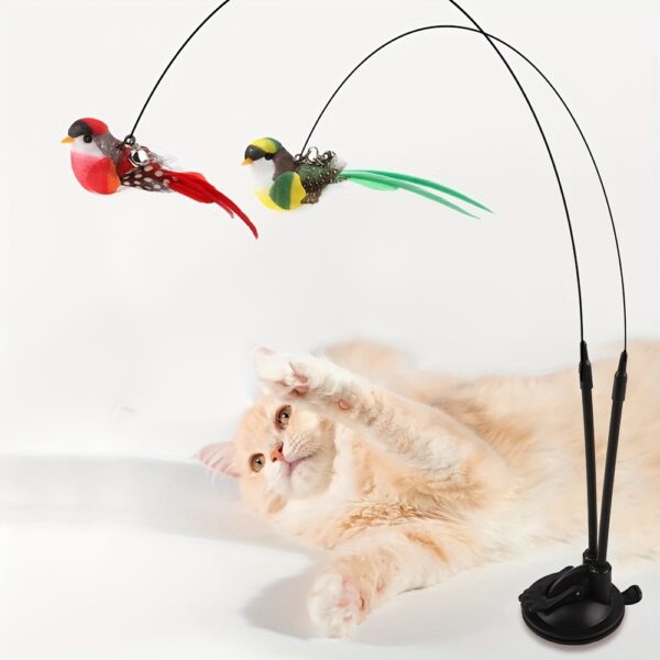 Double Pole Cat Toy Handmade Bird & Feathers Bell w/Suction Cup